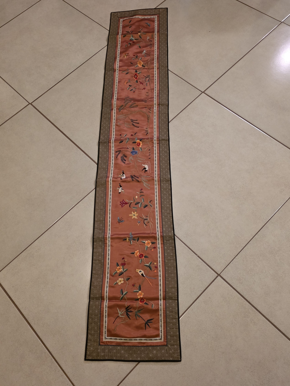 Chinese Silk Embroidered Birds Floral Panel Tapestry Table Runner 70"